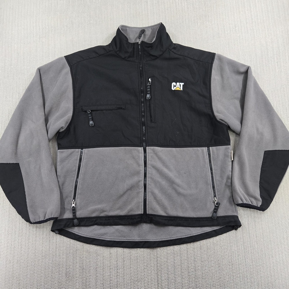 CAT Catgerpillar Jacket Coat Mens Medium Gray Black Fleece Full Zip Embroidered